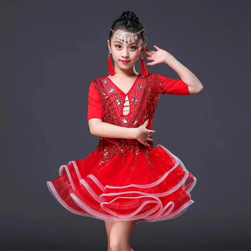 Детские костюмы для латинских танцев, платья с кисточками для девочек, детские латинские платья, костюмы для соревнований с блестками