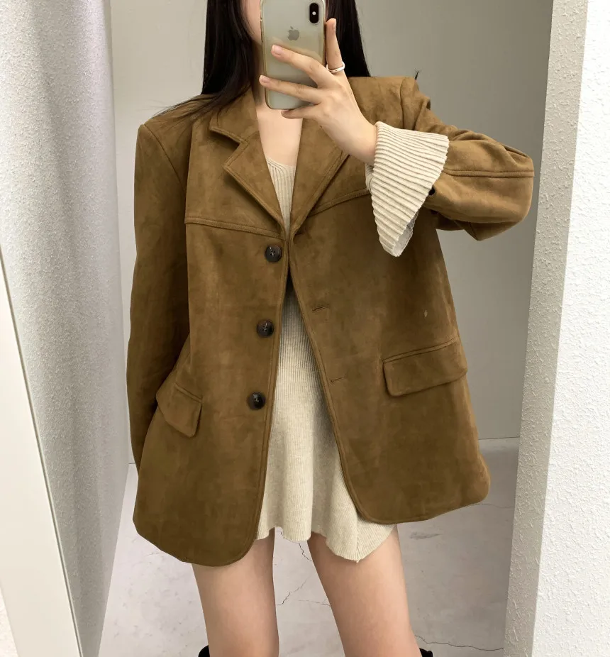 Chic Korean Autumn Winter American Vintage Coffee-colored Suede Blazer Maillard Long-sleeve Suit Jacket Women Female Lady Trendy