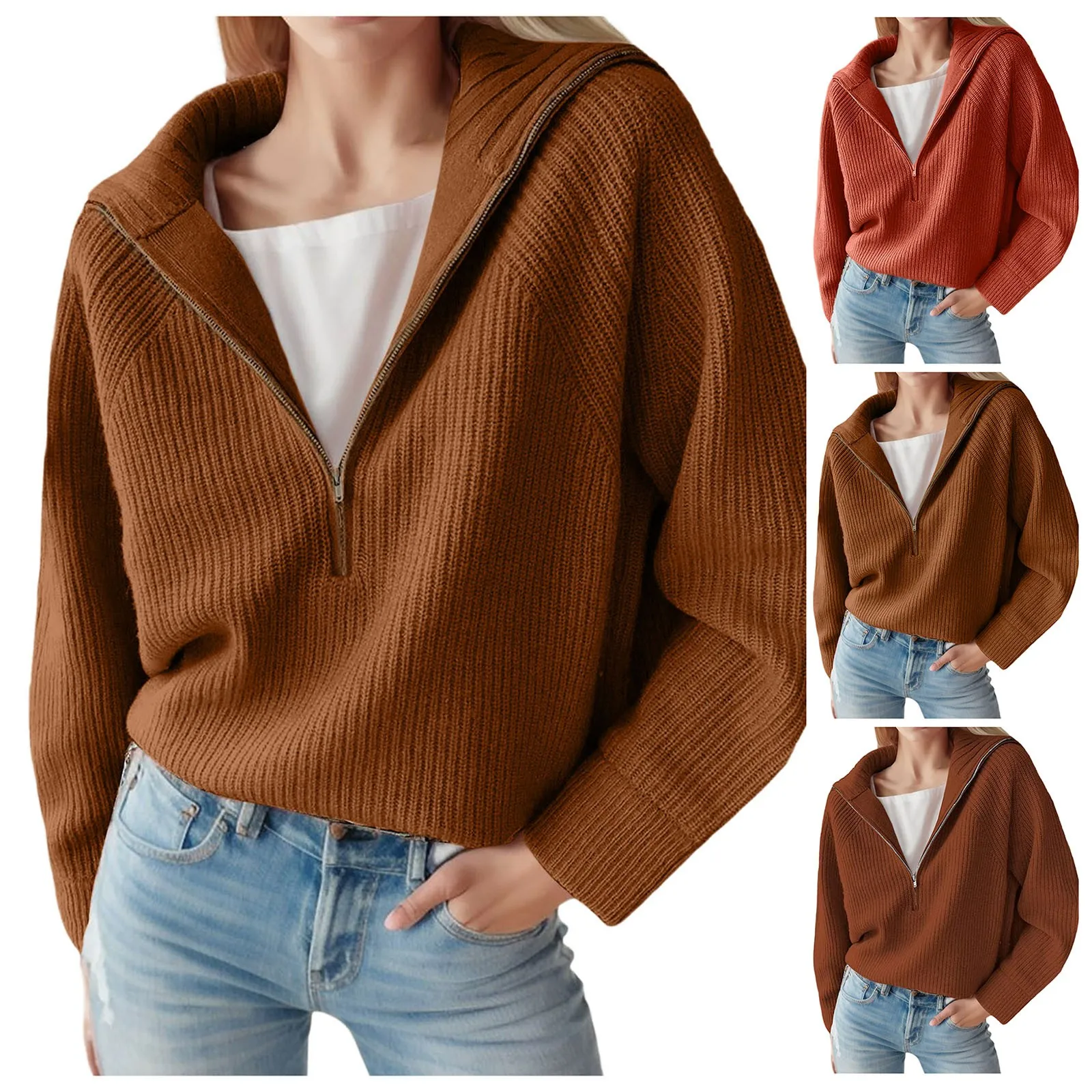 Women'S Long Sleeve Knitted Short Sweater New Simple Half Zip Knit Fashion Trend Solid Color Pullover Hooded Pullover Sweater