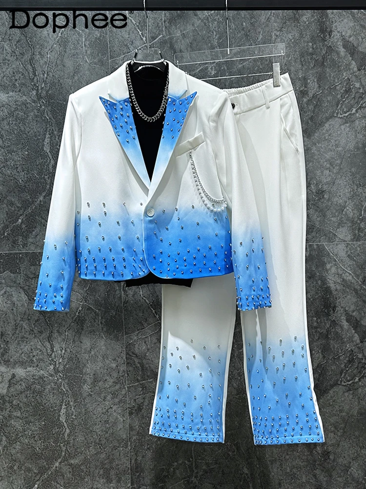 

2025 Spring Autumn New Fashion Rhinestone High-end Gradient Color Suit Two-piece Sets Men's Stylish Personality Trendy Suit Sets