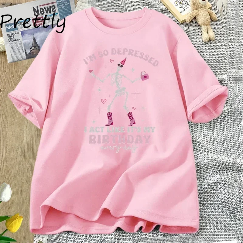 Pop I'm So Depressed I Act Like It's My Birthday T Shirt Women Funny TTPD T-Shirt Skull Tortured Poets Department Printed T-shir
