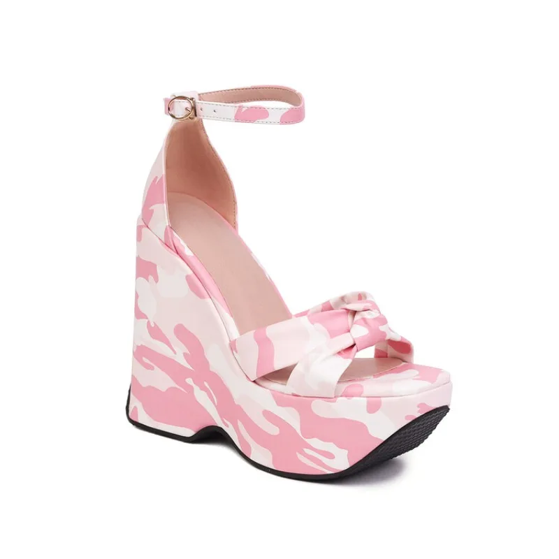 Latest Wedge Heel Thick Open Toe Banquet Hollow Sandals Flower Fashion Leopard Print Buckle Women's Shoes Party Big Size 35-42