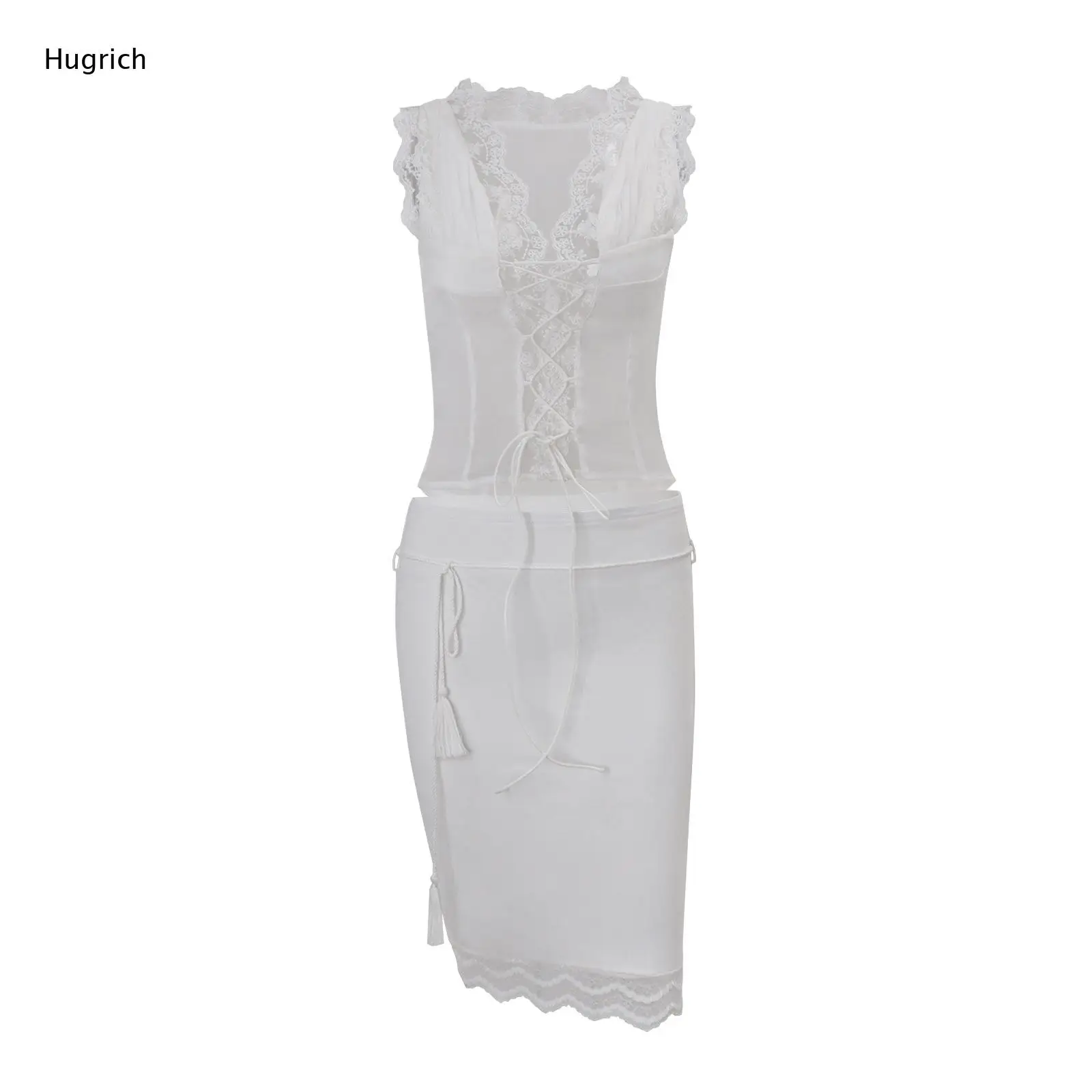 

Women V Neck Ruffle Lace Sleeveless Lace Up Crop Top High Waist Tassel Drawstring Irregular Lace Hem Midi Skirt Two Piece Outfit