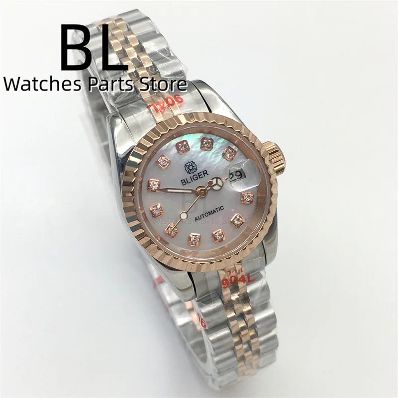 BLIGER 26mm NH05 Luxury Women\'s Watch Diamond Pink Mother Pearl Shell Dial Silver Rose Gold Jubilee Sapphire Glass Date Magnify