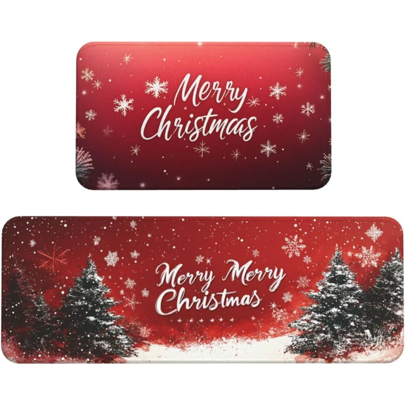 

Merry Christmas Red Kitchen Mat Set with Two Snowflake Decorative Home Door Pads 16inX24in 17inX47in