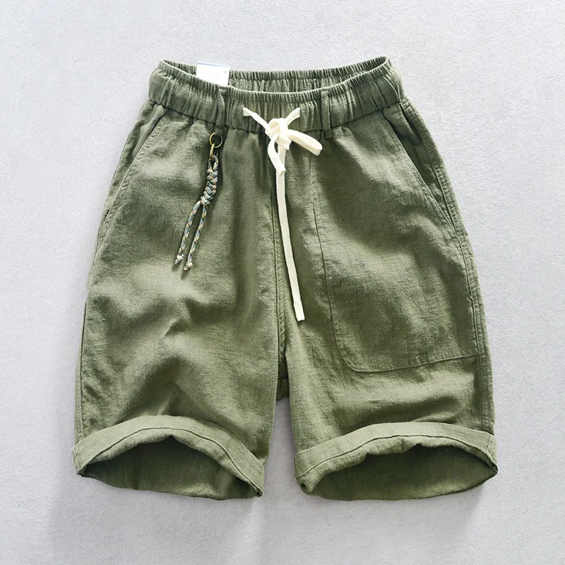 New Korea Summer Solid Cotton Linen Elastic Waist Thin Loose Casual Cargo Pocket Pants Men Shorts Male Clothing