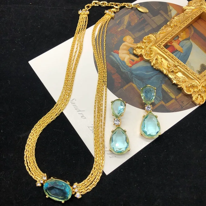 

Vintage Jewelry Set for Women Retro Blue Crystal Necklace Drop Earring French Light Luxury Gold Plated Elegant Party Accessories