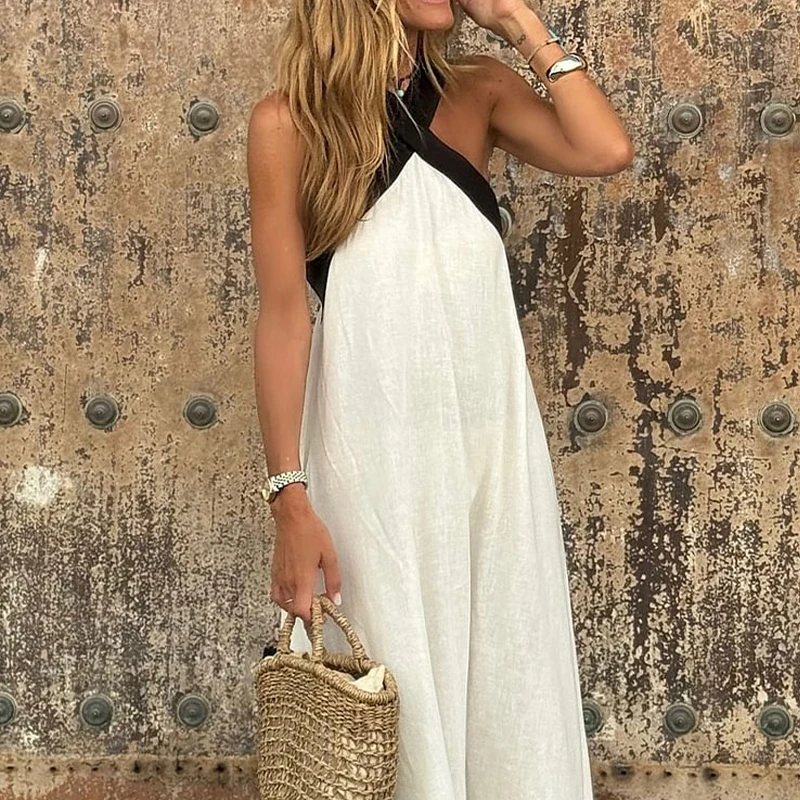女性の夏の新ファッションピュアカラーハンギングネックストラップレスコットンリネンドレスノースリーブシンプルなデザインマキシドレス