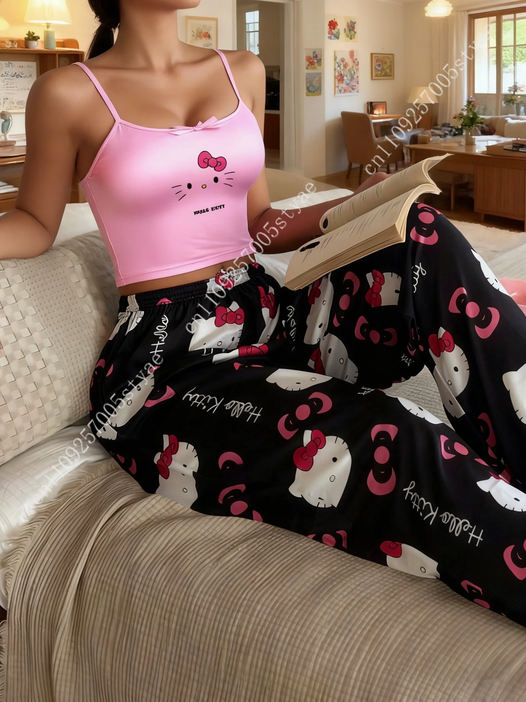 2pcs Sanrio Hello Kitty Pajama Set Features A Women'S Halter Neck Top with An Off The Shoulder Style and Black Pants view 6