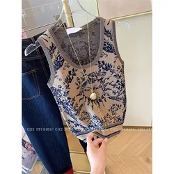 Retro Printed Sleeveless Knitted Vest Men Women Spring Summer Autumn 2024 New Temperament Slim Ladies Round Neck Comfortable Top