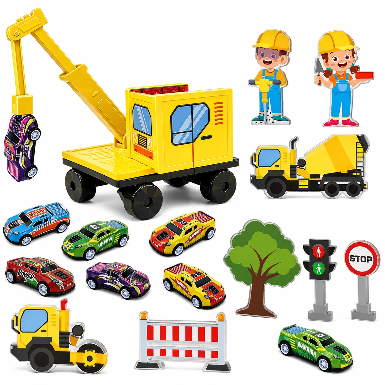 MQUDUO Construction Magnetic Tile Set with Crane, 360 Rotating Boom, Mini Cars Worker Figures and Road Scene Accessories