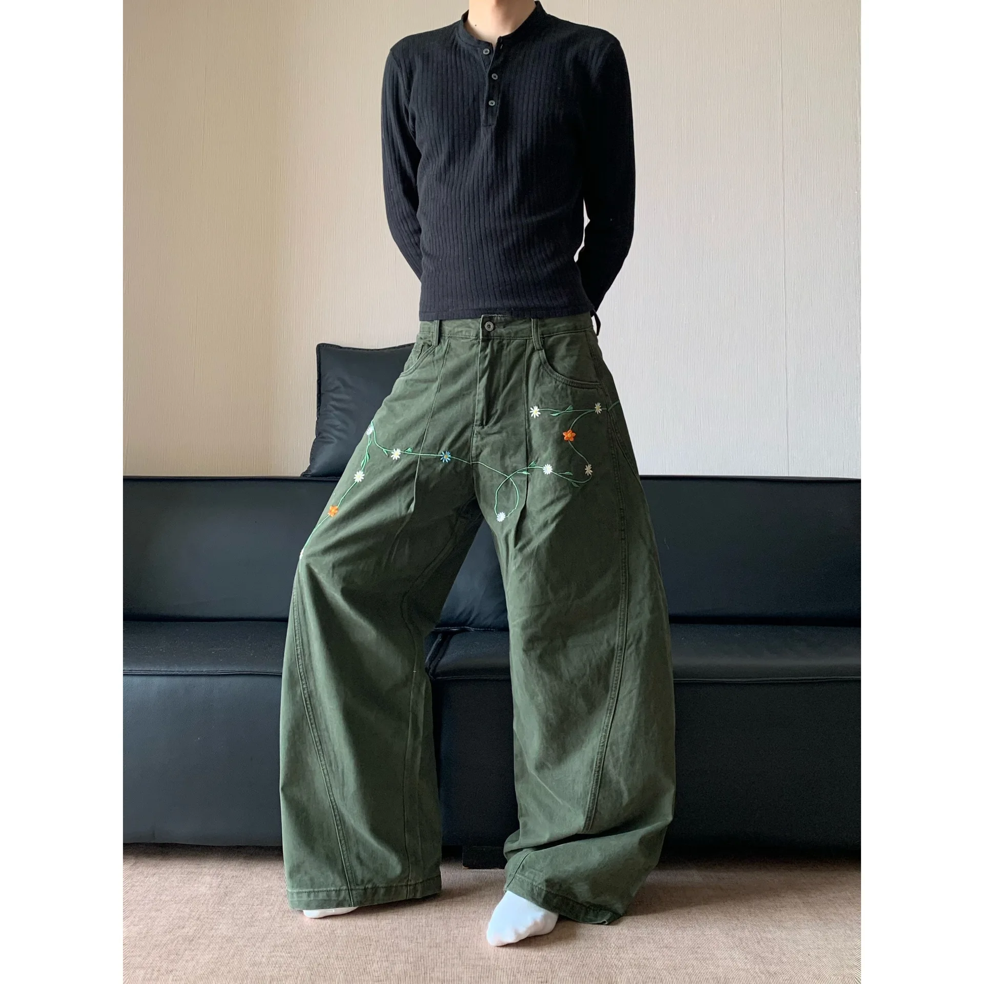 Straight-leg Pants Embroidery Casual Pants Floral Spring Autumn Retro Man Fashionable Cool Personality Loose All-matching