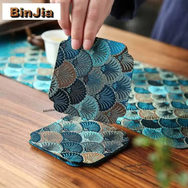 Cloud Brocade Fabric Tea Table Mats Retro Tea Flag Absorbent Clay Tea Mat Drink Coaster Dinner Table Cloth Mat Cha Decoration view 5