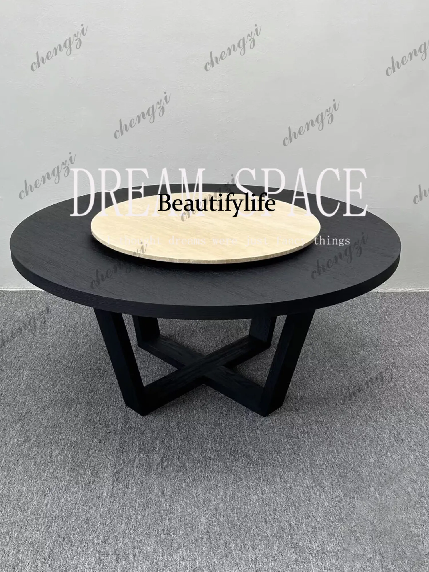 Medieval round solid wood turntable dining table art travertine simple eating table small apartment