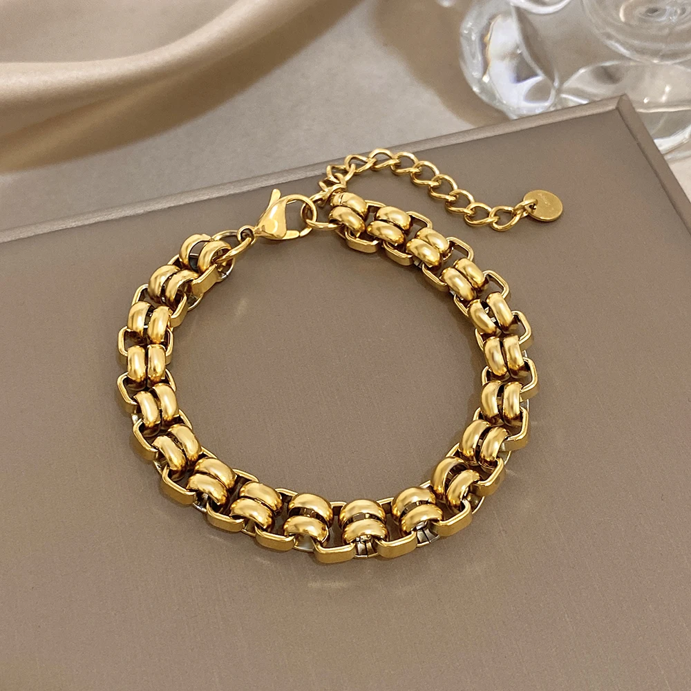 

Punk Stainless Steel Chunky Chain Bracelet for Women Men Minimalist Irregular Gold Color Wide Bangle Jewelry Gift Accessories