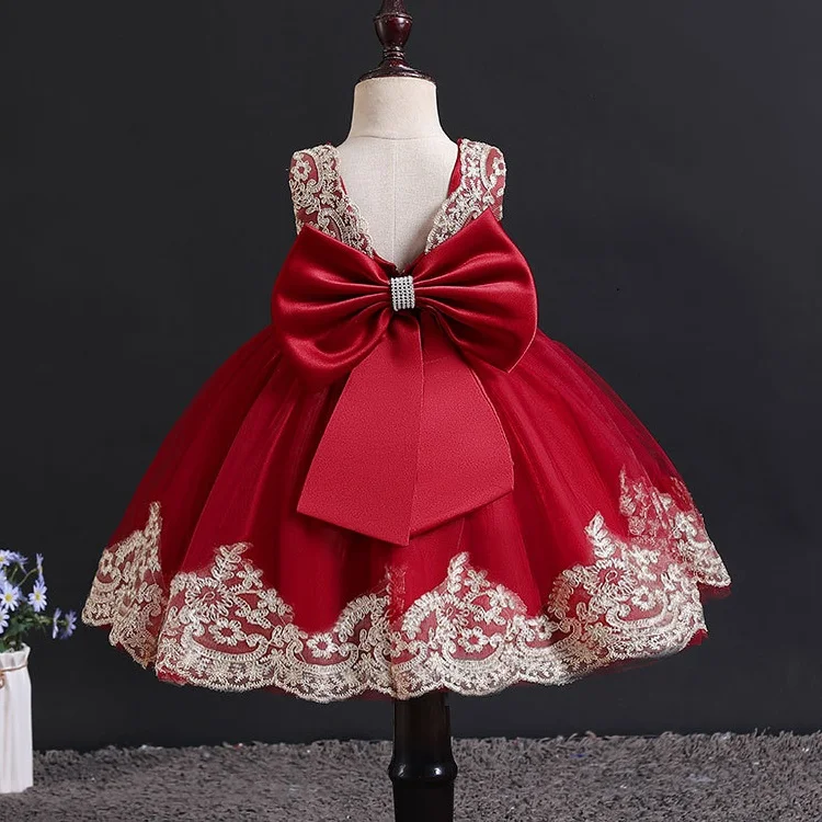 Girl\'s Dress 2024 New Girl\'s Embroidered Bow Princess Dress Fashion Open Back Mesh Dress Banquet Performance Evening Dress