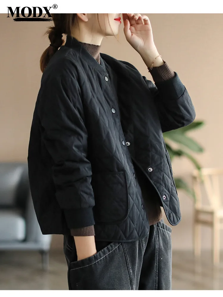 Artistic Baseball Stand Up Collar Short Clip Diamond Grid Loose Jacket Top Coat Women's Cotton