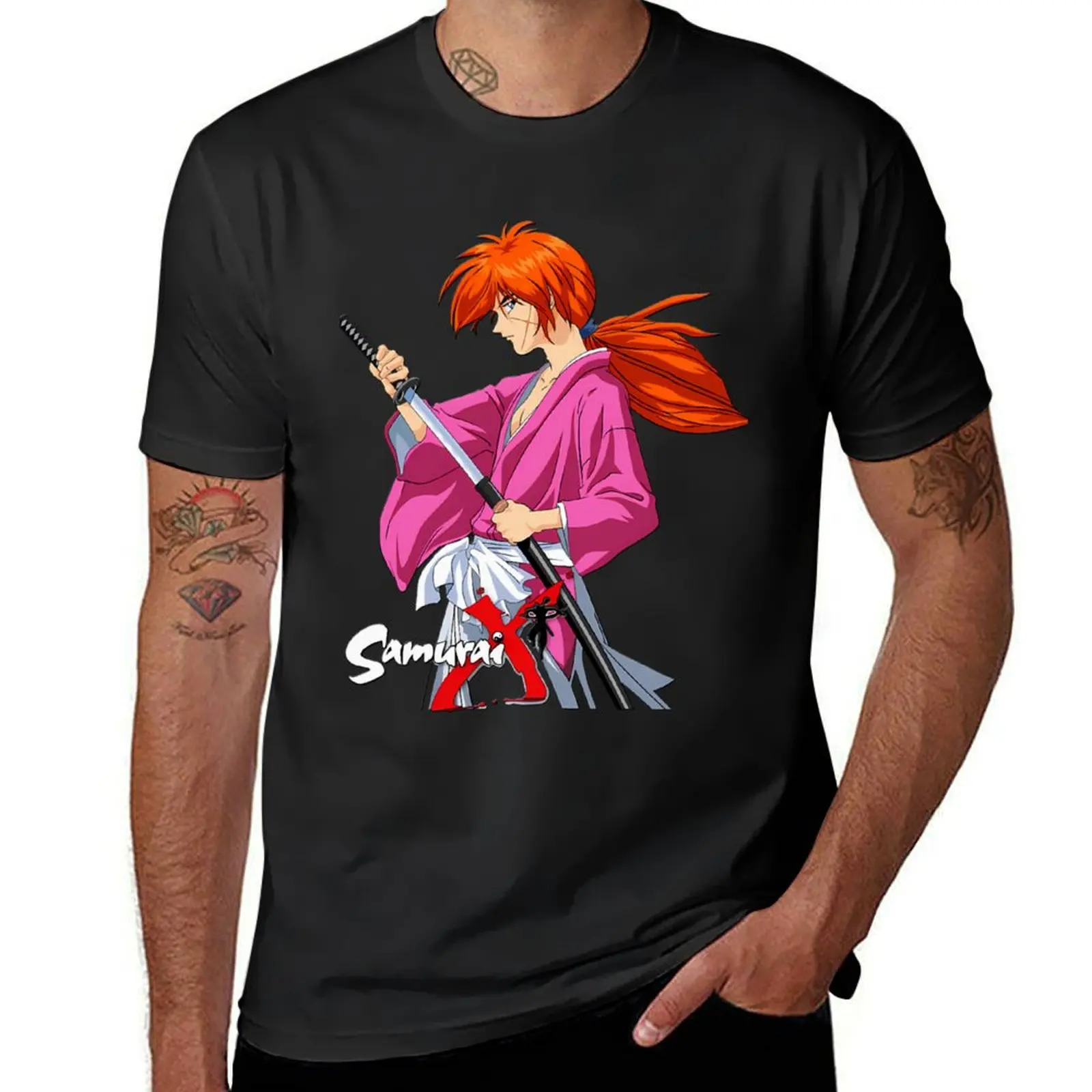 Himura Kenshin Battousai Samurai X T-Shirt oversized funnys blacks vintage black t shirts for men