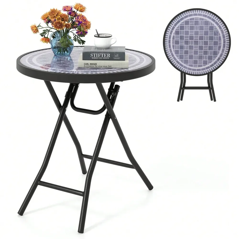 

18 Folding Side Table Round Compact Coffee Table With Tempered Glass Tabletop Black Gray