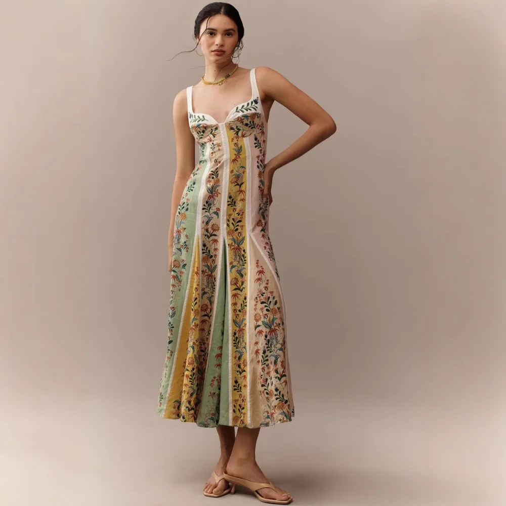 Women Spring Summer New European American Cami Dress Position Print Zipper Loose Casual Vacation Dress
