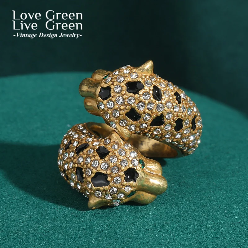 

Vintage Leopard Ring Rhinestones Luxury Quality Jewelry Woman Party Outfits Antique Gold Color Open Retro Wedding Accessories