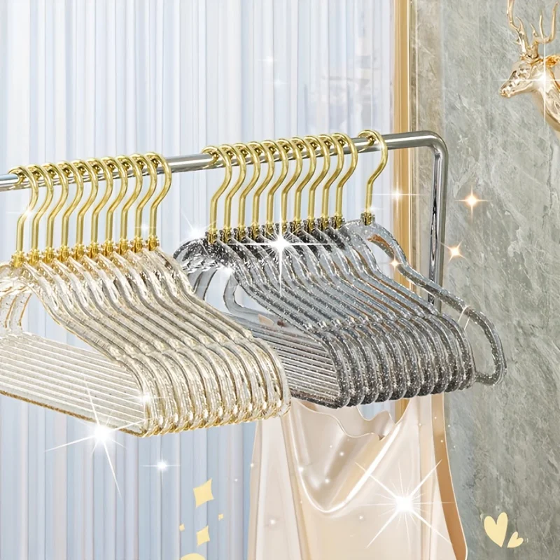 10pcs Transparent Glitter Hangers Non-slip Clothes Hangers Household Clothes Hanging Rack Thickened Traceless Clothes Hangers