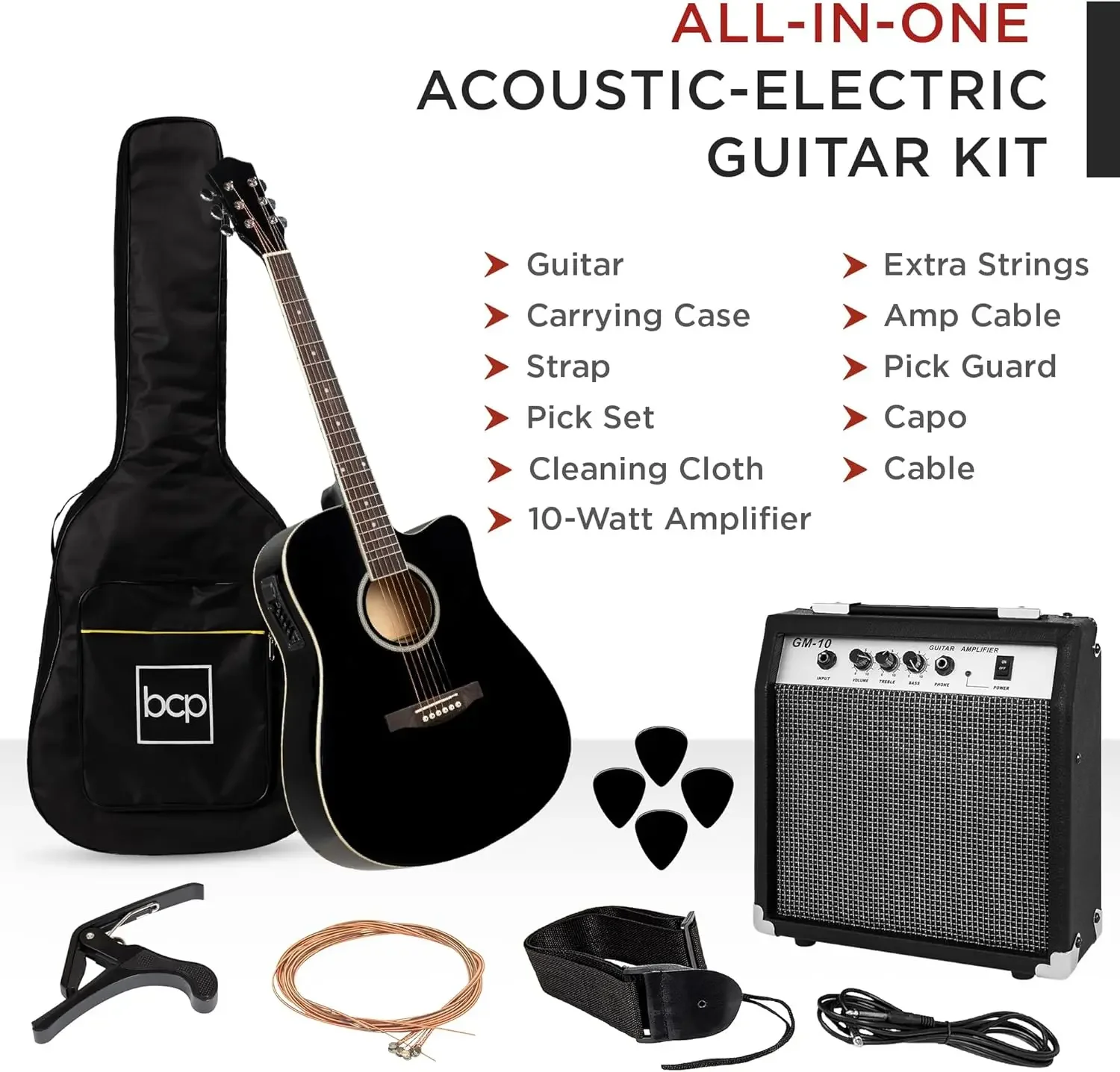 Beginner Acoustic Electric Guitar Starter Set w/ 41in, All Wood Cutaway Design, Case, Strap, Picks - Black