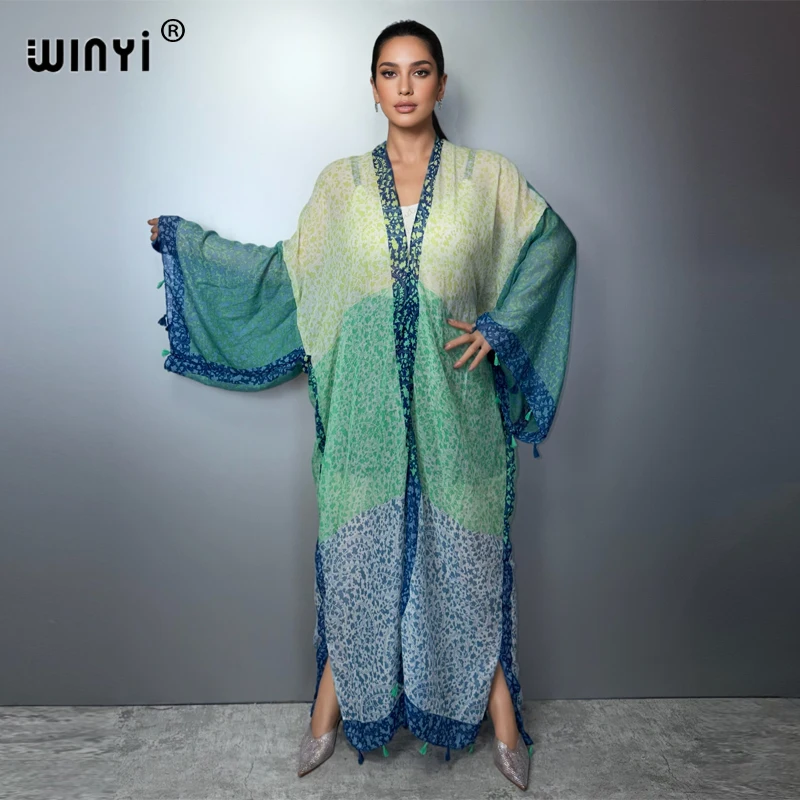 

WINYI Women's Long Sleeve Kimono Print Cardigan Muslim Abaya Boho Cover up Dress Luxury Kaftan Dubai Style Fashion