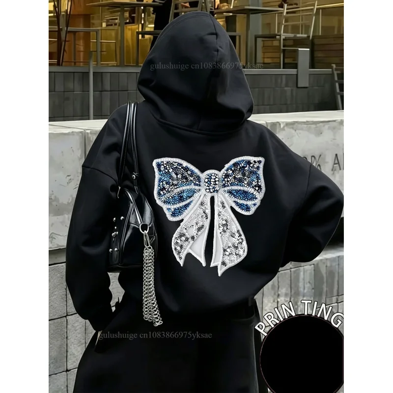 Y2k Streetwear Hoodie Halloween Gifts Blue Sequin Bow Knot Autumn Winter Fall Clothes Gift For Her