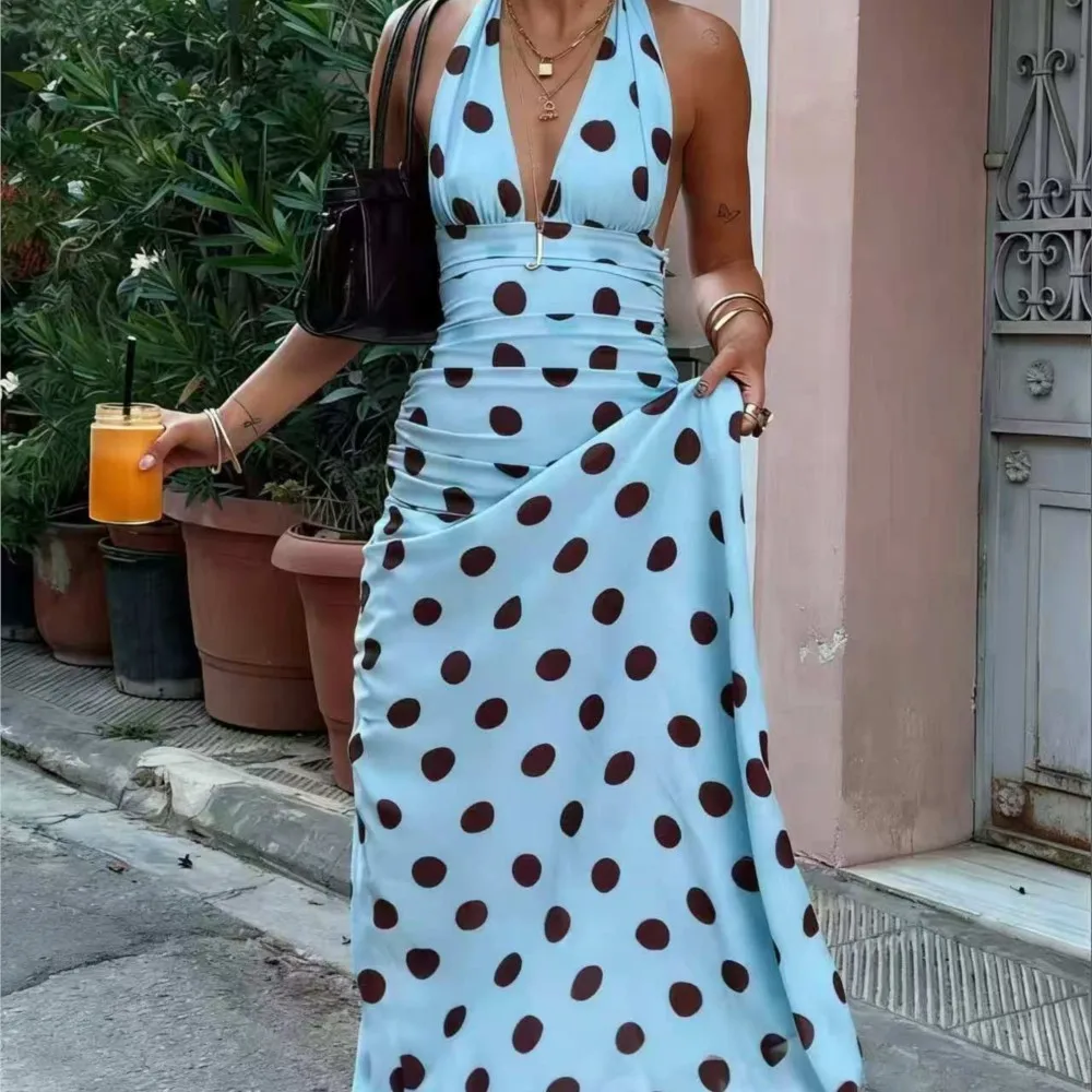 Vintage Dress Dresses 2025 Woman Vestido Neck Halter Sleeveless Polka Dot V-link Contrast Slim Vacation Holiday Women's Clothing