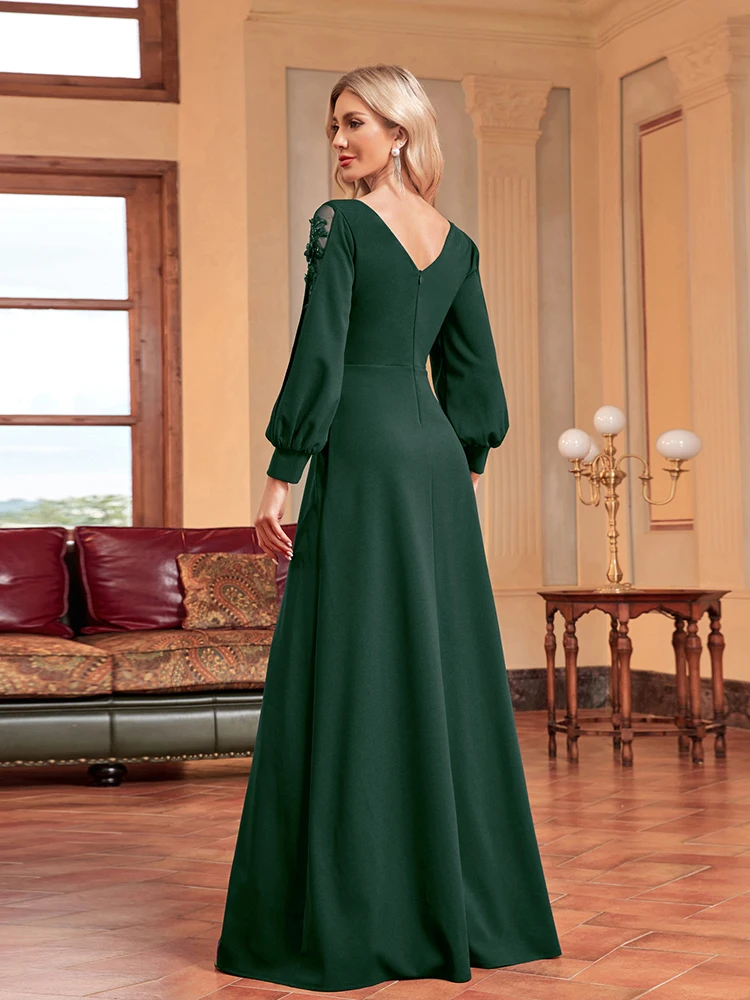 XUIBOL Luxury Applique Long Sleeves Floor LengthGreen Formal Evening Dress Women Elegant Weedding Party V-neck Cocktail Prom