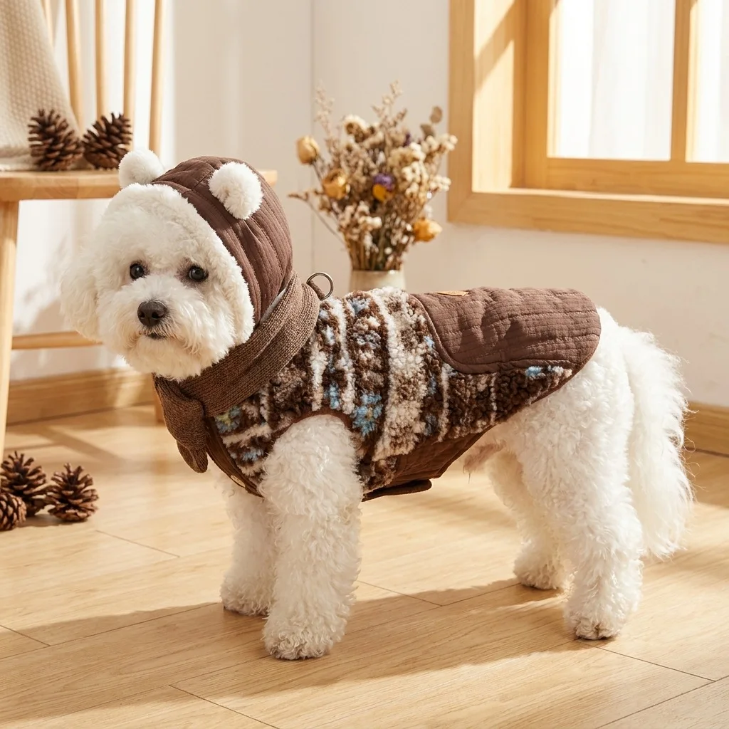 Autumn and Winter Pet Striped Plush Patchwork Vest Teddy Cat Hooded Jacket Dog Clothes for Small Dogs Puppy Clothes