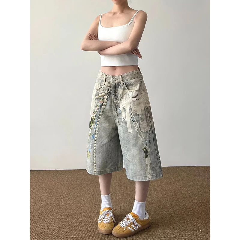 Casual American Street Style 3D Print Chain Design Five-Quarter Loose Leg Jeans Unisex Summer Denim Shorts Wide Leg Shorts
