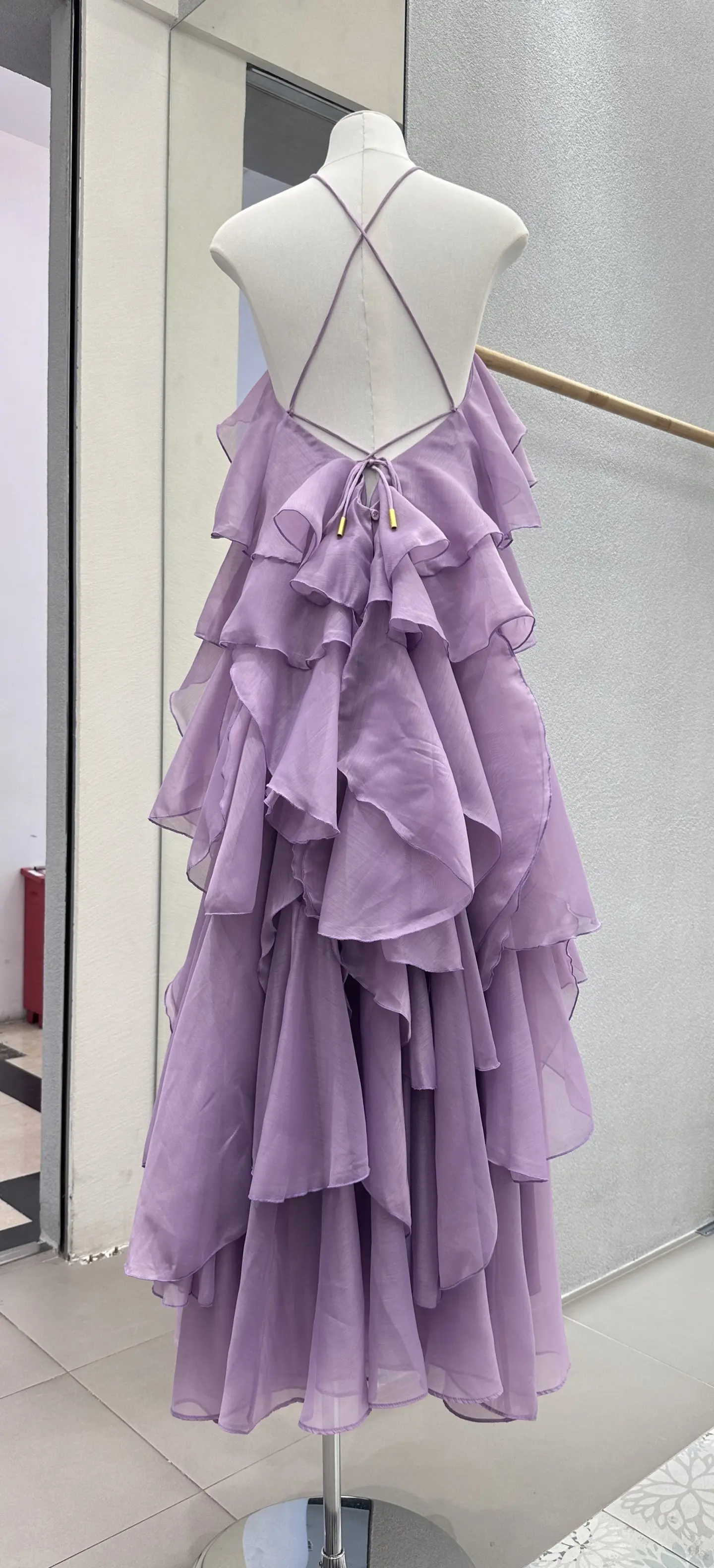 Feminino roxo em camadas maxi vestido 3d flor decoração halter pescoço sem mangas elegante senhoras robe