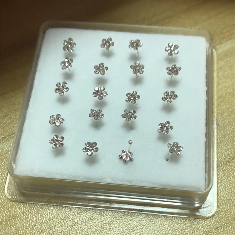 20Pcs/Box Body Nose Piercing Jewelry Nose Rings Silver Needle for Women Colored Crystal Flower Nose Jewelry Wholesale