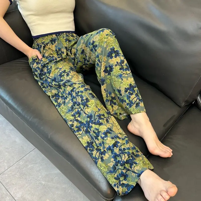 

Пижамные штаны с большим принтом Брюки-фонарики Брюки-шаровары Широкие тонкие домашние пижамы Женские шорты для сна Базовая женская одежда Хлопковая одежда