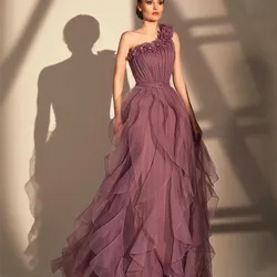 Customized Romantic Prom Gown For Women One-Shoulder 3D Appliques Pleat Contoured Ruffle Sleeveless Party Dresses فسا