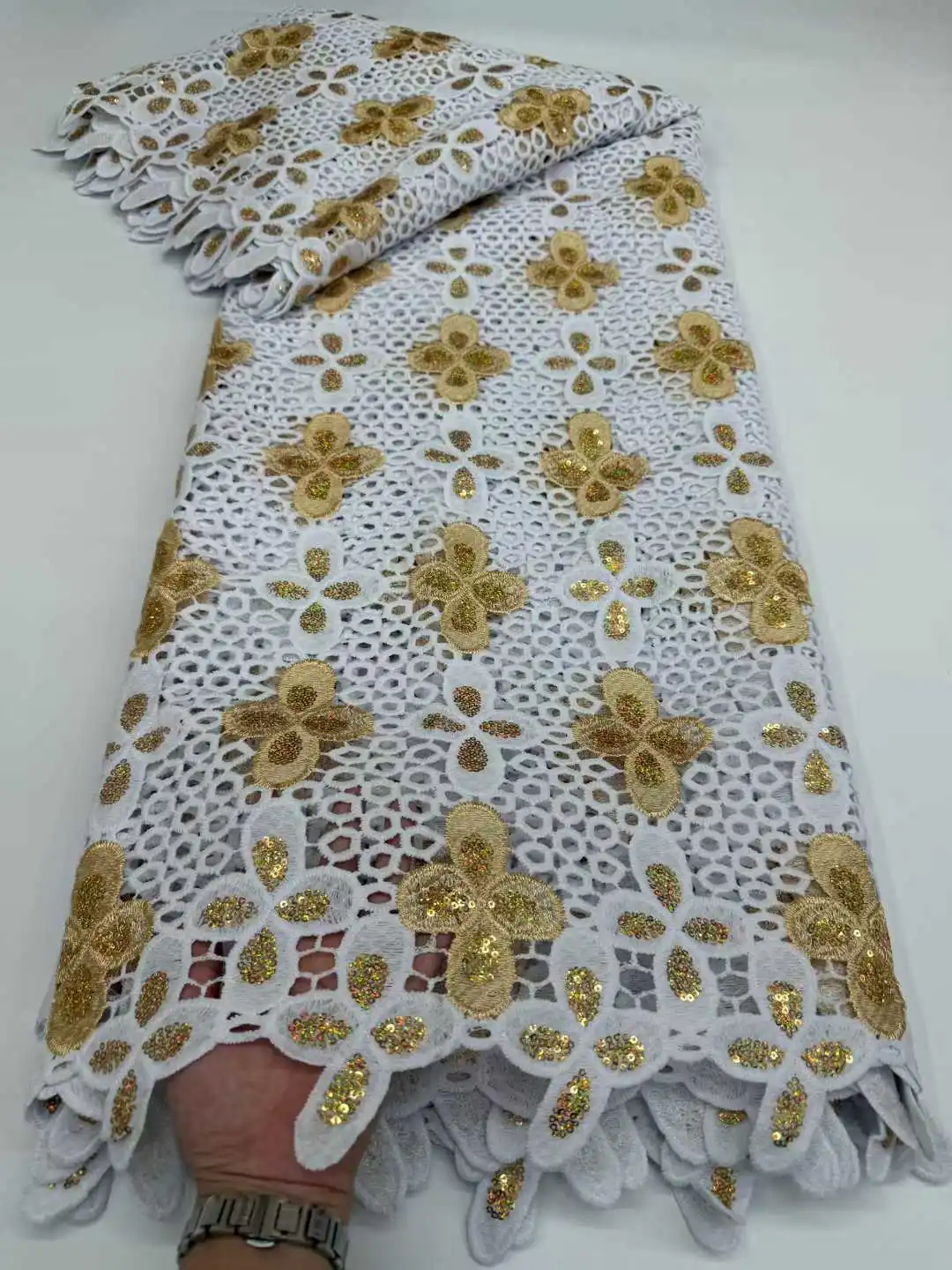 

2025 African Water Soluble Lace Fabric Sequins High Quality Nigerian Guipure Cord Lace Fabric For Women Wedding Dresses