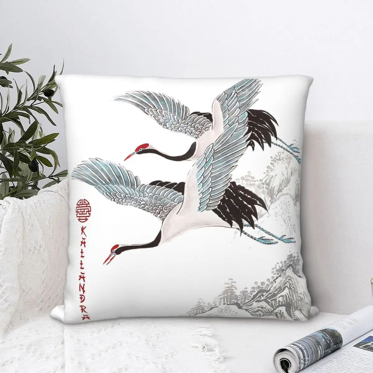 Chinese Ink Painting Red Crowned Cranes Two Flying Cranes Pillowcase China Style Backpack Cushion Coussin Covers Decorative