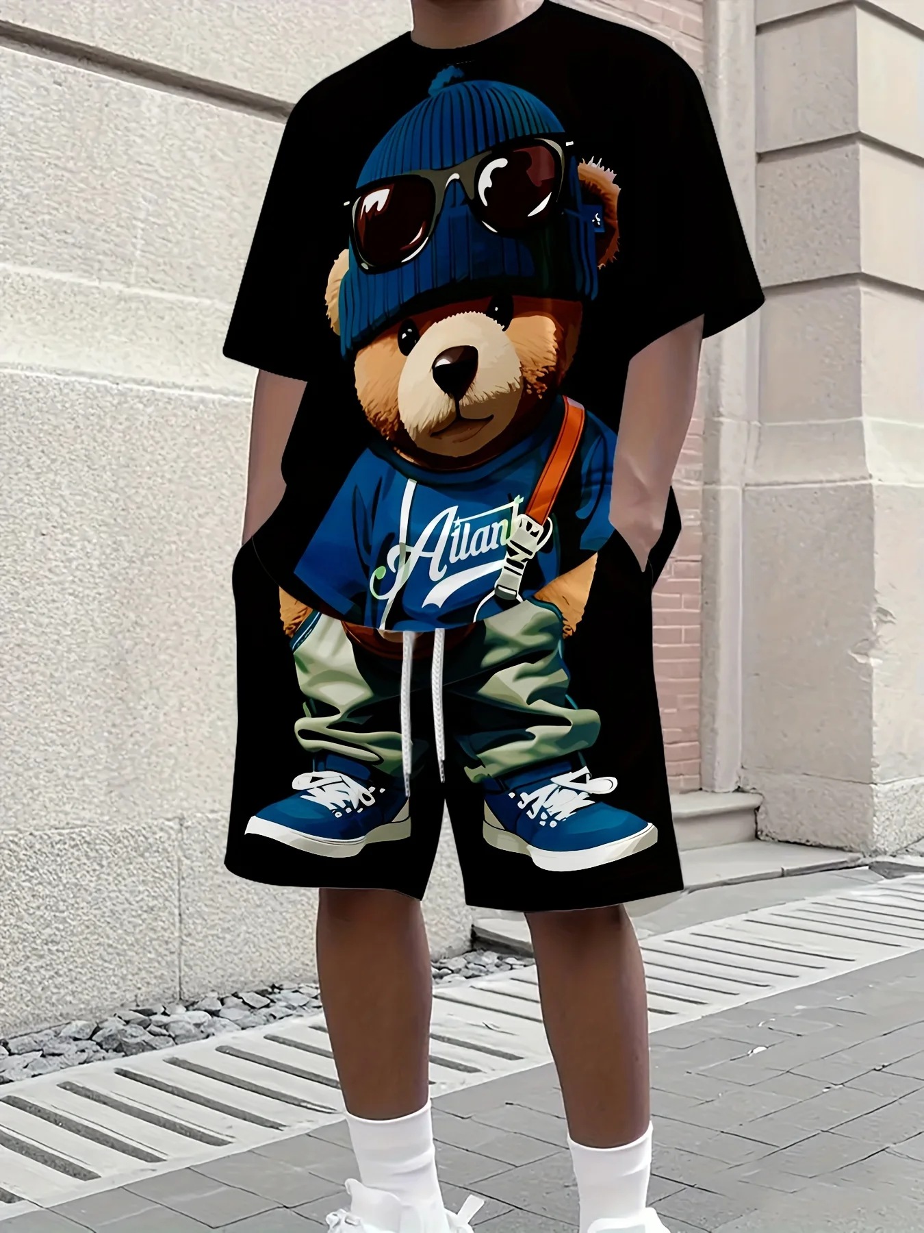 

2026 Summer New Men's Short-Sleeved Set with 3D Bear Pattern Print Street Casual Fashion Comfortable and Soft