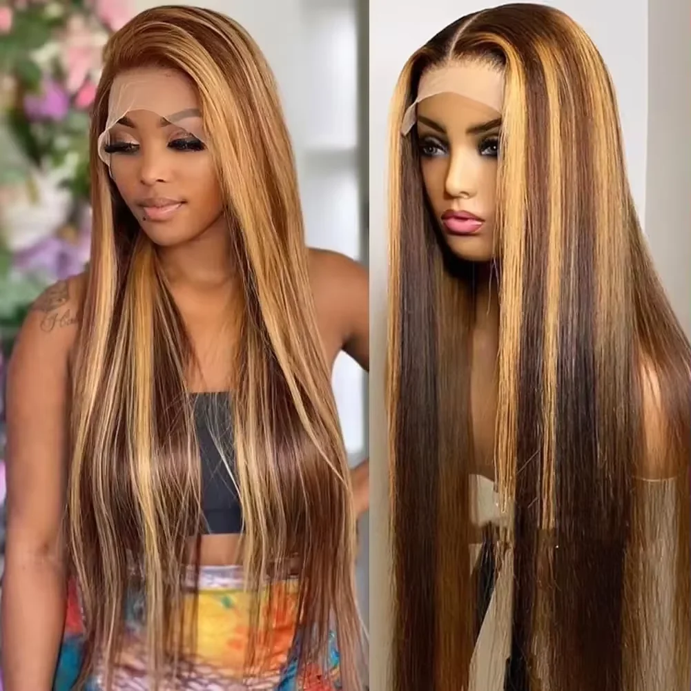 

13x6 HD Transparent Lace Front Wigs 46 inches p4-27 highlight straight human hair 200 Density Brazilian Human Hair For Women