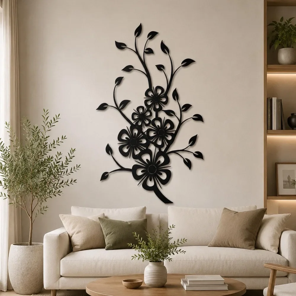 Pretty Floral Branch Metal Wall Art,Elegant Flower Vine Silhouette Iron Wall Hanging Living Room Sofa Background Home Wall Decor
