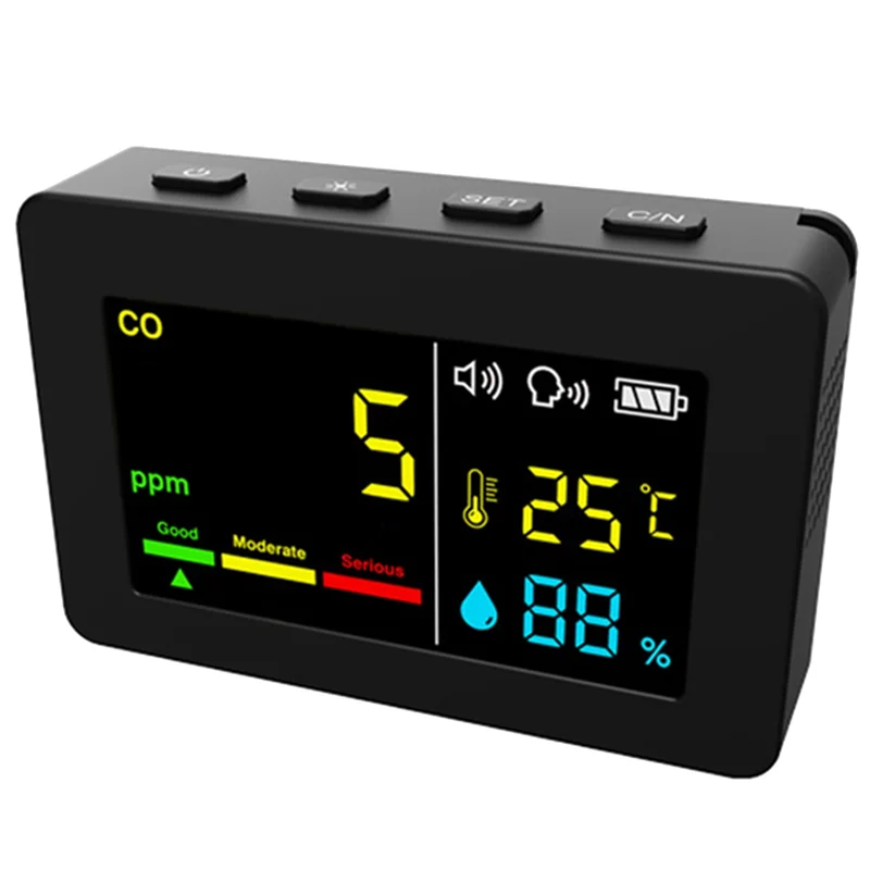 ABFN-مقياس جودة الهواء المحمول 3 في 1 جهاز قياس درجة الحرارة والرطوبة لثاني أكسيد الكربون مع إنذار صوتي (أسود) Dura