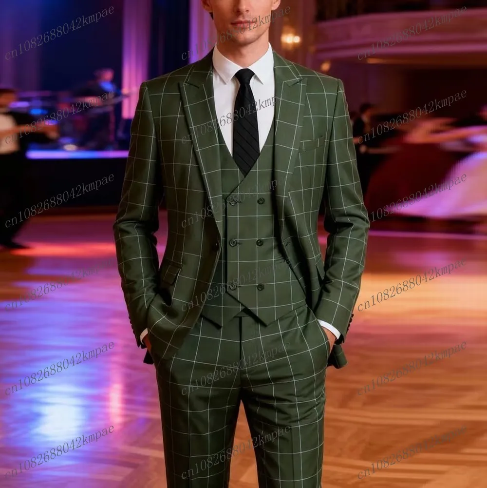 

New Plaid Army Green Men Suit Groom Groomsman Wedding Party Formal Business Prom Male Tuxedos 3 Piece Set Blazer Vest Pants