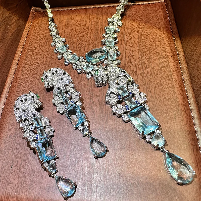 

New Luxury Zircon Black Spotted Leopard Blue Diamond Necklace Earring Fashion Woman Jewelry High-Quality Accessories