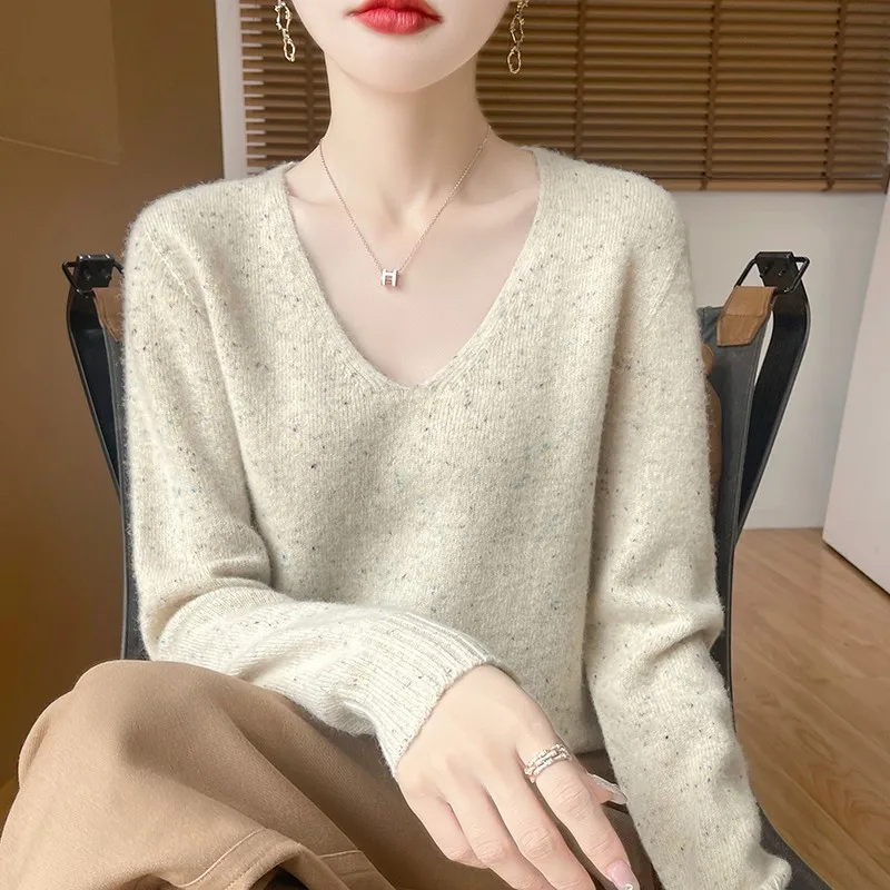 100% Merino wool autumn-winter new women's sweater V-neck jumper Fashion light luxury line ready-to-wear warm bottom knit shirt