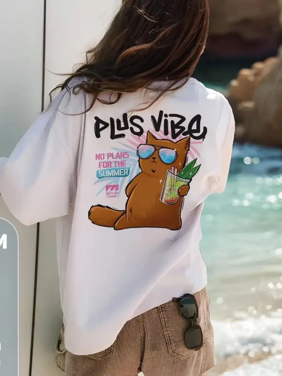 تي شيرت ريترو وفريد من نوعه وتنحيف صيفي جديد ممتع مطبوع من القطن الخالص الأوروبي والأمريكي للنساء بأكمام قصيرة غير رسمية