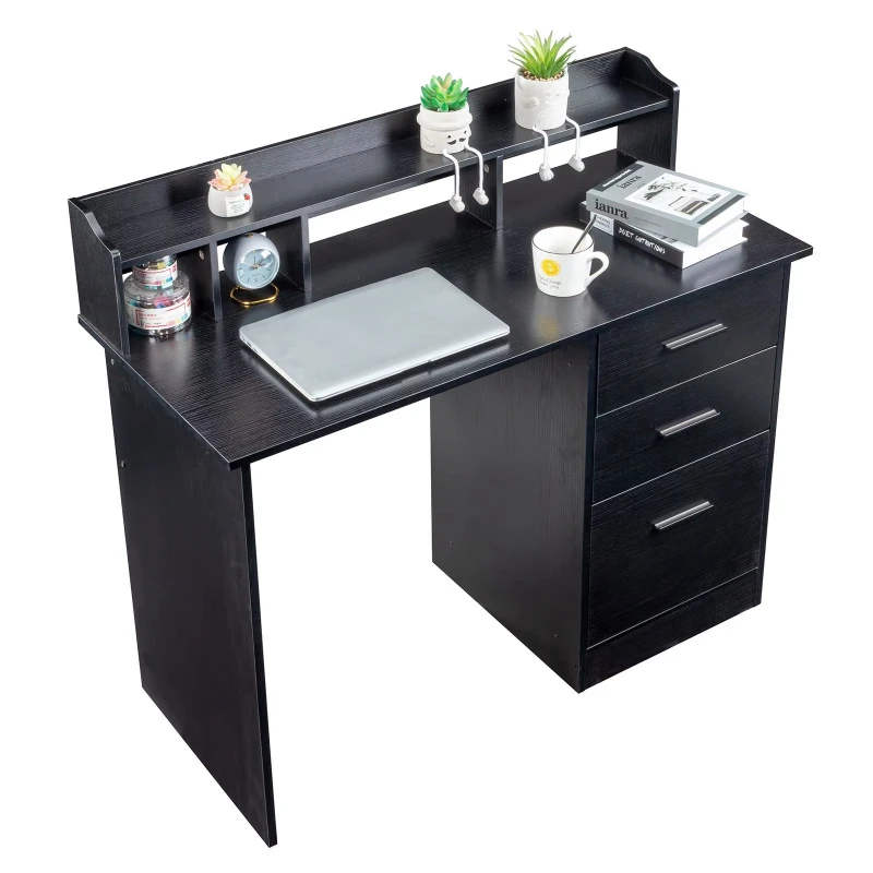 Black wood grain computer desk, drawer desktop storage layer computer desk