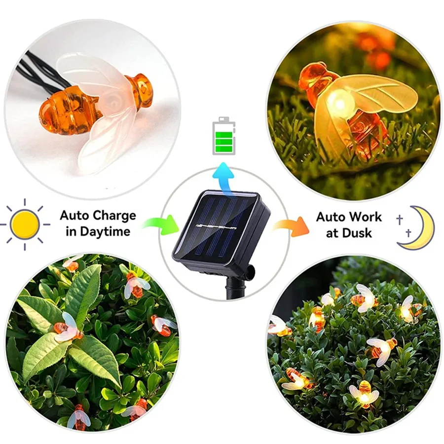 

Cute Bee Outdoor Light Solar String Light 100led Wedding Home Garden Patio Party Christmas Tree Honeybee Starry Fairy Decor Lamp