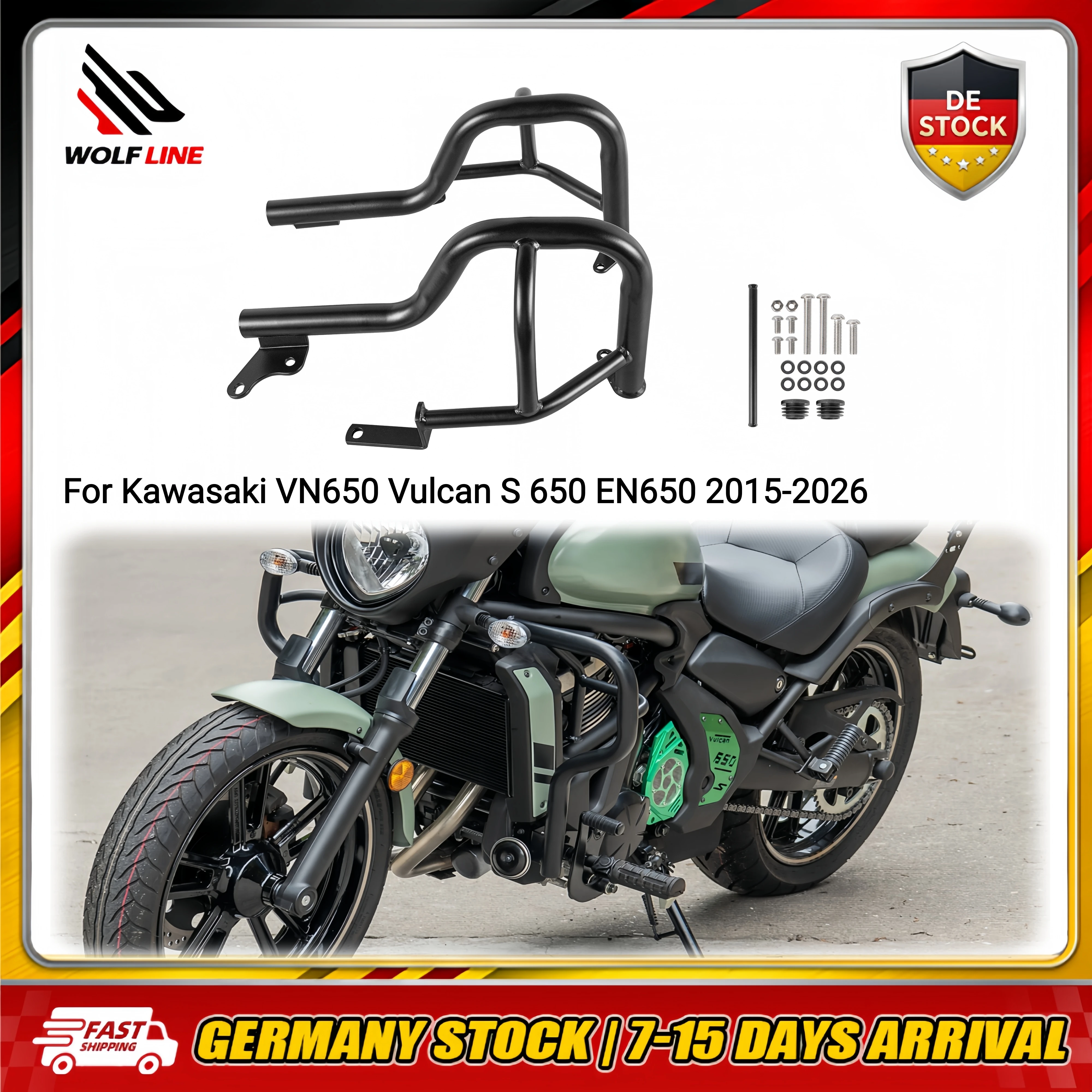 WOLFLINE Highway-Sturzbügel für Kawasaki VN650 Vulcan S 650 EN 650 2015-2025 Motorrad-Rahmenschutz Motorschutz